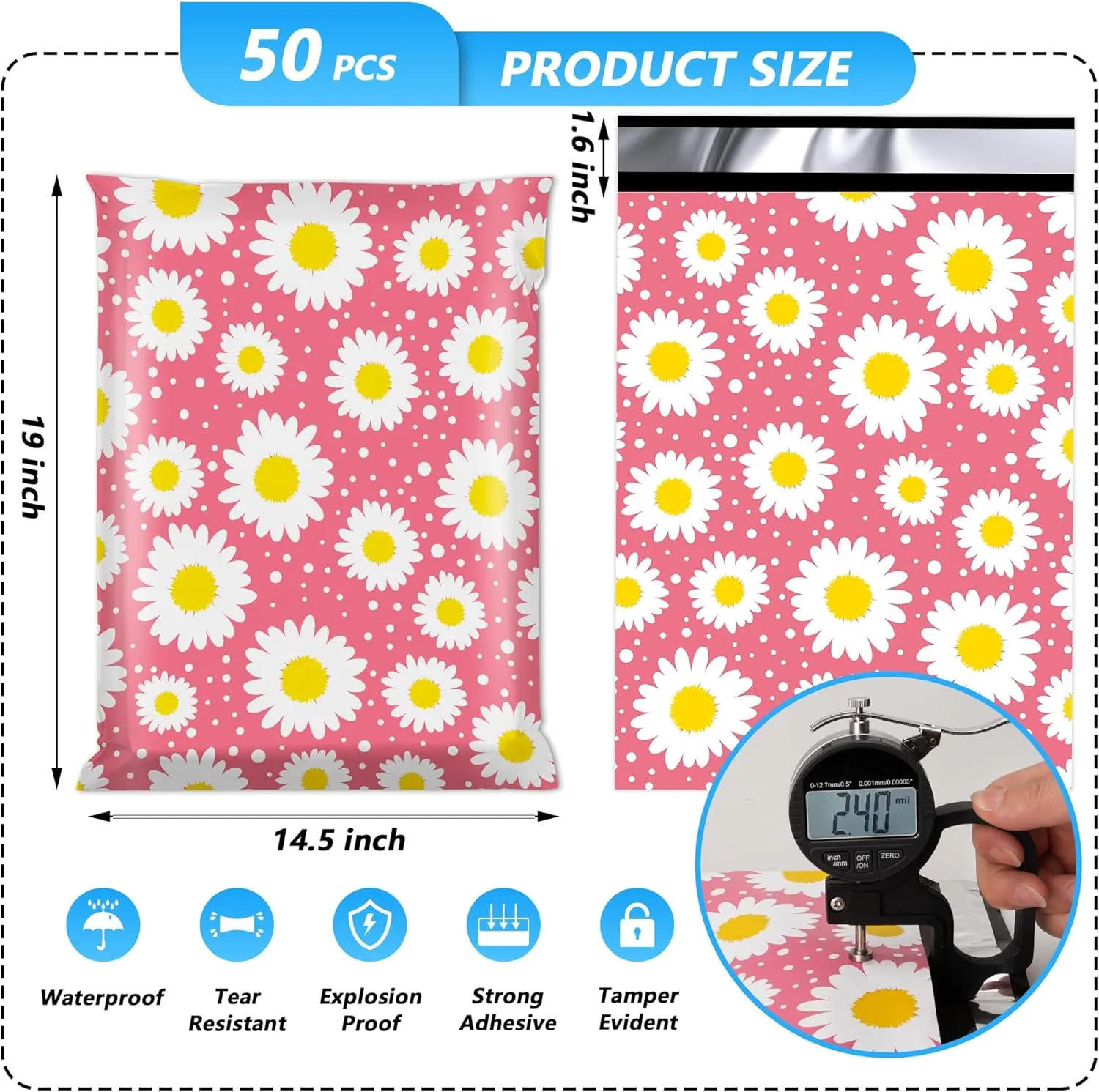 Poly Mailer 14.5x19 Inch 50 Pcs, Waterproof and Tear-Resistant Shipping Bags for Clothing, Cute Mailing Bags with Self-Seal, Daisy Printed Packaging Bags for Small Business