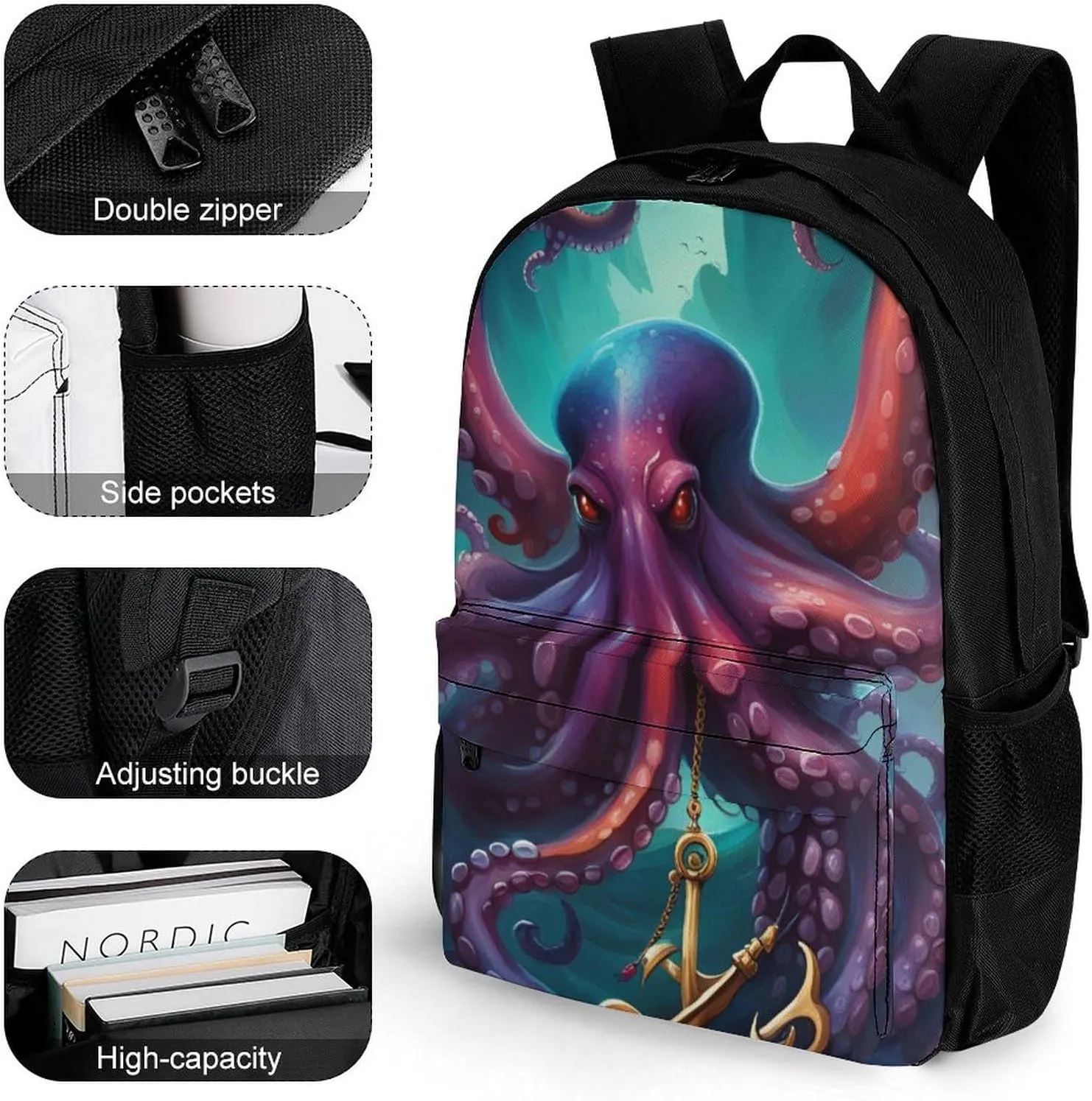 Polyester Daypack Backpack for Trekking Picnic Walking Cycling - Large Capacity Anti-Theft Multipurpose Shoulder Bag, Mysterious Octopus Monster Art Casual Daypack