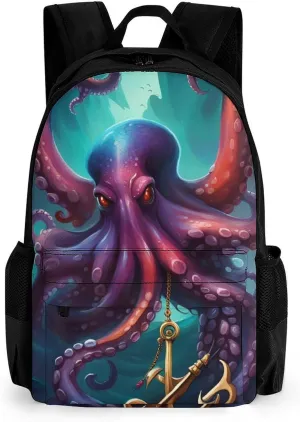 Polyester Daypack Backpack for Trekking Picnic Walking Cycling - Large Capacity Anti-Theft Multipurpose Shoulder Bag, Mysterious Octopus Monster Art Casual Daypack