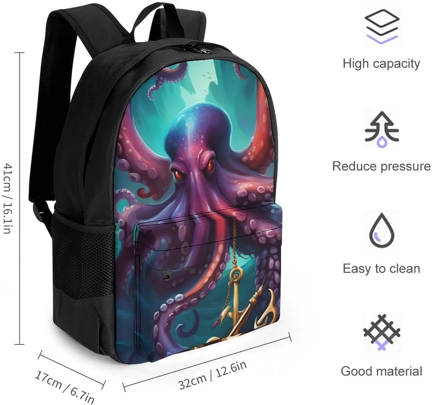 Polyester Daypack Backpack for Trekking Picnic Walking Cycling - Large Capacity Anti-Theft Multipurpose Shoulder Bag, Mysterious Octopus Monster Art Casual Daypack