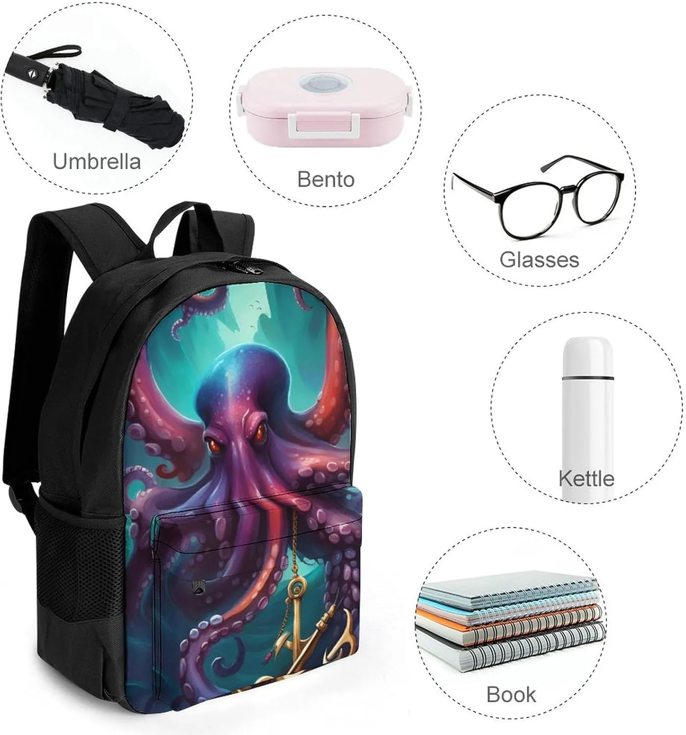 Polyester Daypack Backpack for Trekking Picnic Walking Cycling - Large Capacity Anti-Theft Multipurpose Shoulder Bag, Mysterious Octopus Monster Art Casual Daypack