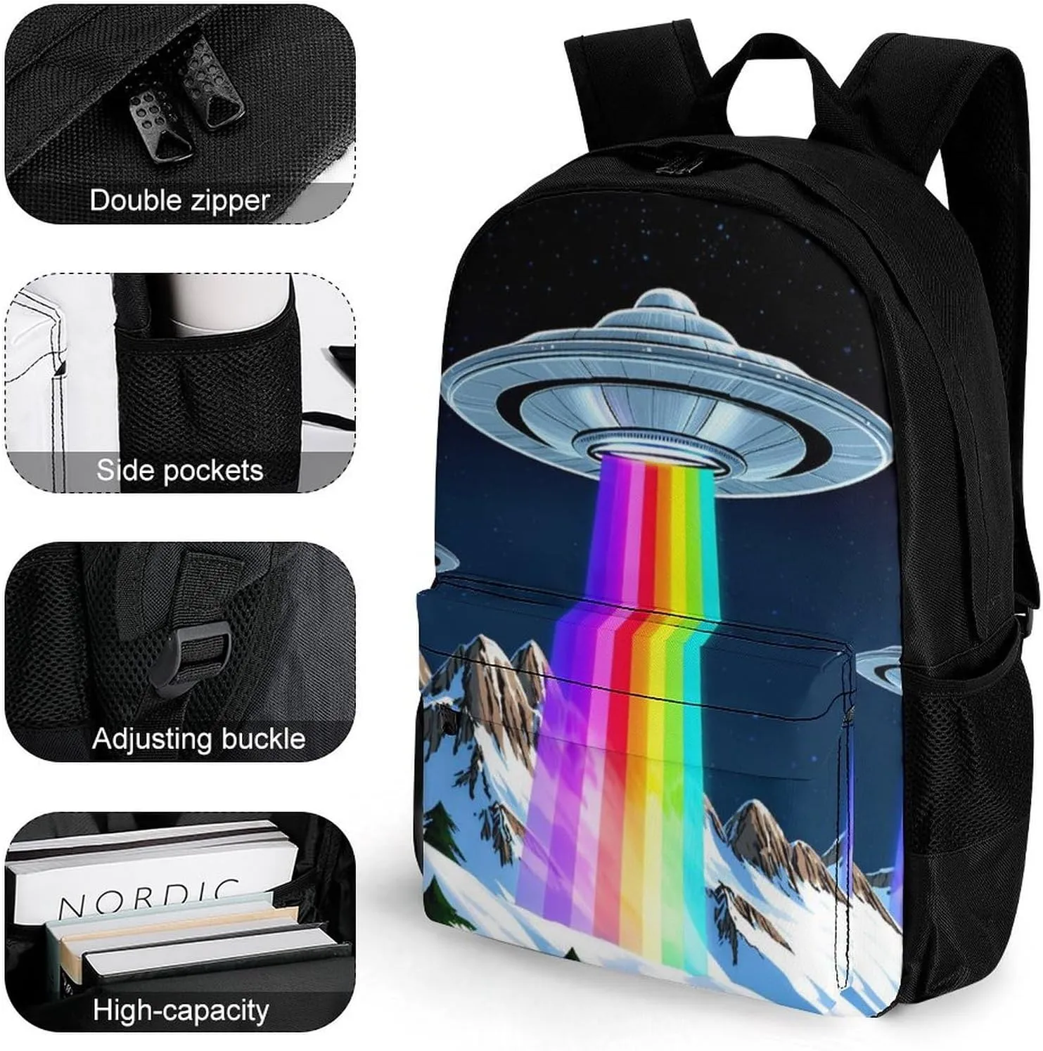 Polyester Daypack Backpack for Trekking Picnic Walking Cycling - Large Capacity Anti-Theft Multipurpose Shoulder Bag, Rainbow Ufo Gay Pride Art Casual Daypack