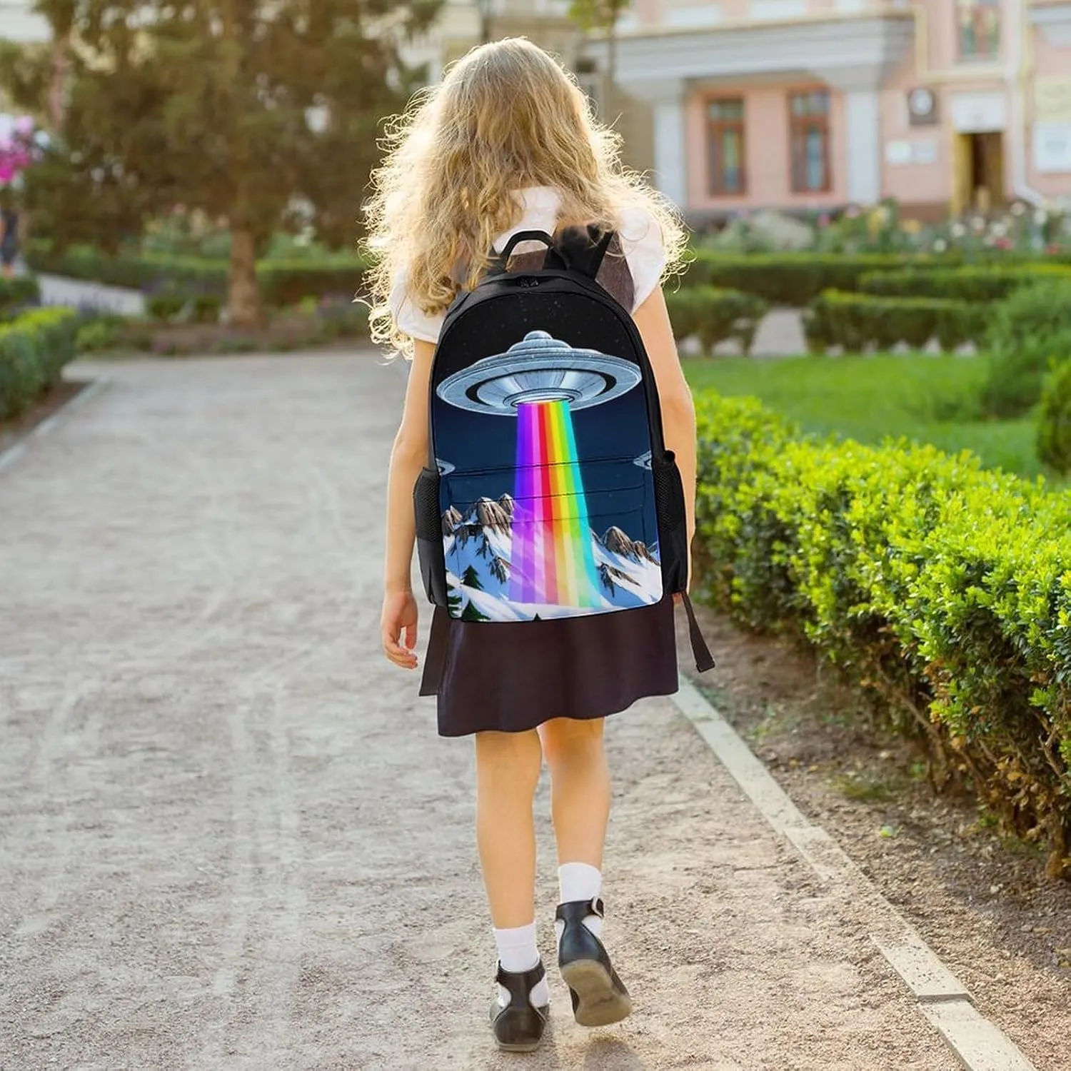 Polyester Daypack Backpack for Trekking Picnic Walking Cycling - Large Capacity Anti-Theft Multipurpose Shoulder Bag, Rainbow Ufo Gay Pride Art Casual Daypack