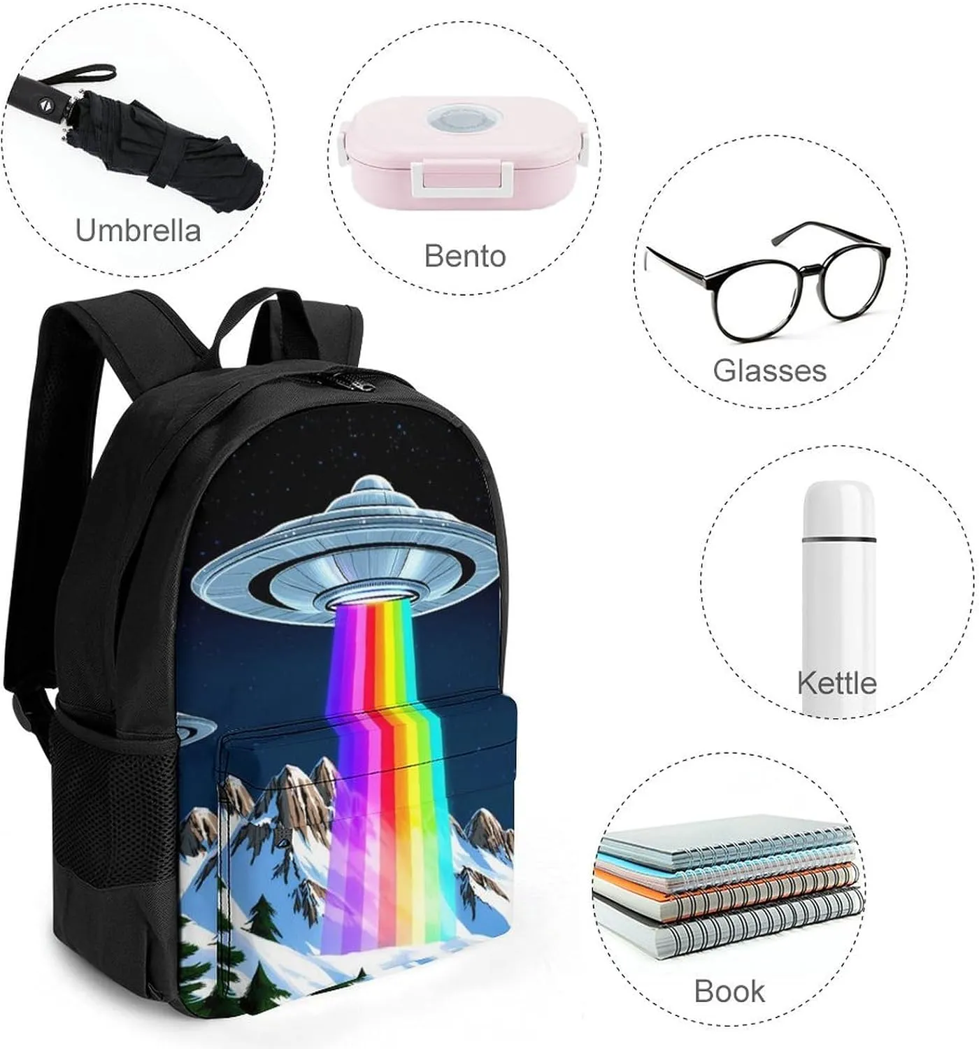Polyester Daypack Backpack for Trekking Picnic Walking Cycling - Large Capacity Anti-Theft Multipurpose Shoulder Bag, Rainbow Ufo Gay Pride Art Casual Daypack