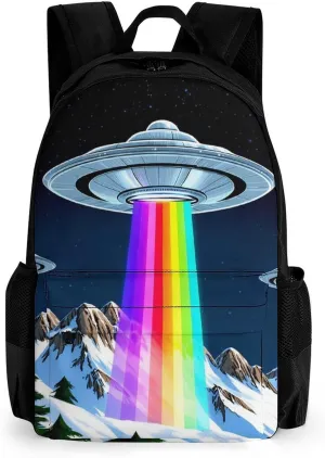 Polyester Daypack Backpack for Trekking Picnic Walking Cycling - Large Capacity Anti-Theft Multipurpose Shoulder Bag, Rainbow Ufo Gay Pride Art Casual Daypack