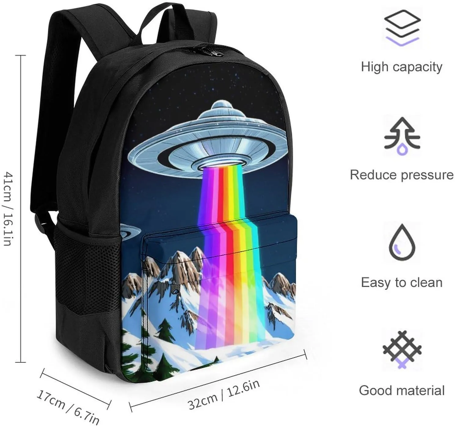 Polyester Daypack Backpack for Trekking Picnic Walking Cycling - Large Capacity Anti-Theft Multipurpose Shoulder Bag, Rainbow Ufo Gay Pride Art Casual Daypack