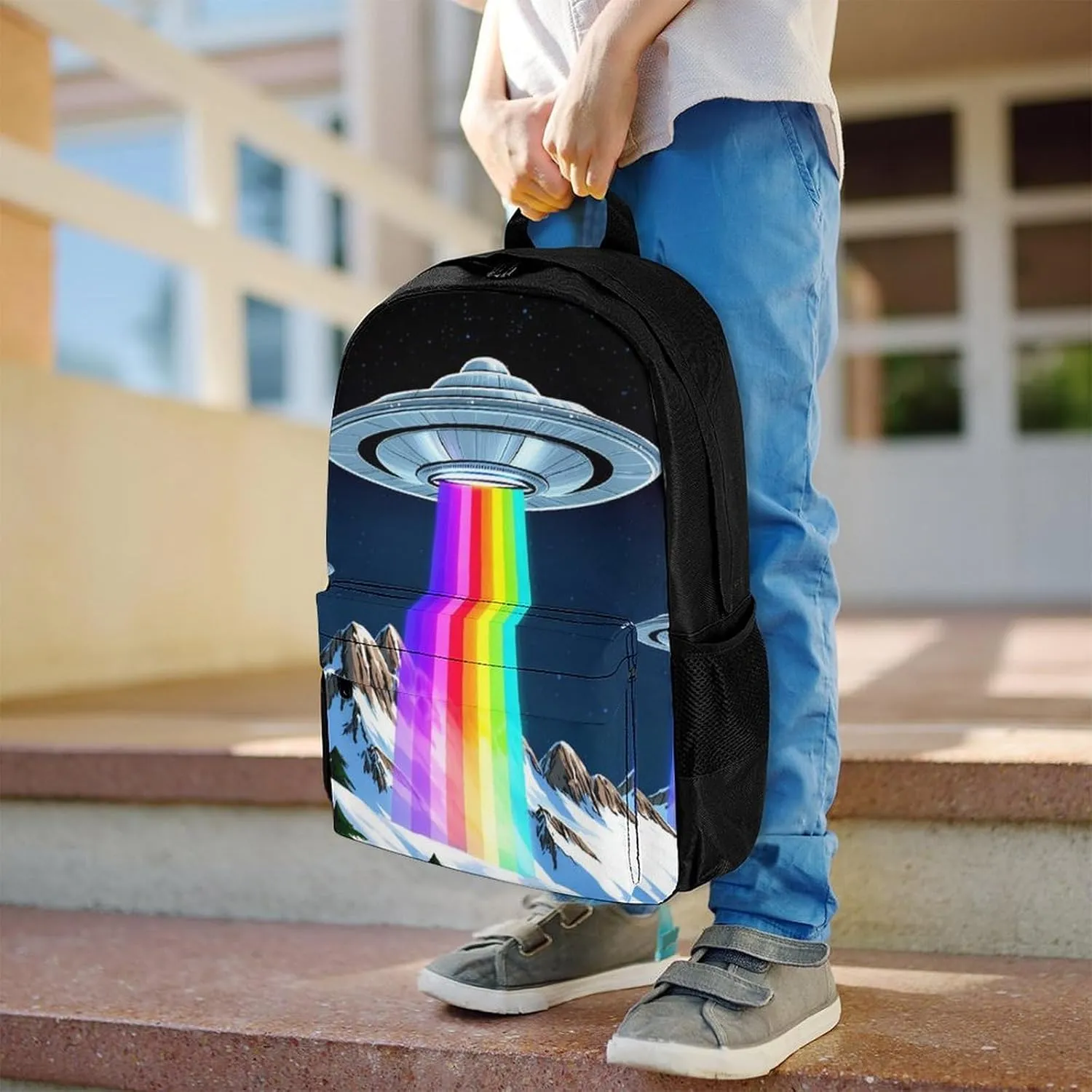 Polyester Daypack Backpack for Trekking Picnic Walking Cycling - Large Capacity Anti-Theft Multipurpose Shoulder Bag, Rainbow Ufo Gay Pride Art Casual Daypack