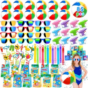 Pool Party Favors Summer Party Favors for Kids, Beach Toys for Kids 3-8 8-12 Include Beach Balls, Sunglasses, Summer Straws, Bubble Wands... Pool Party Supplies