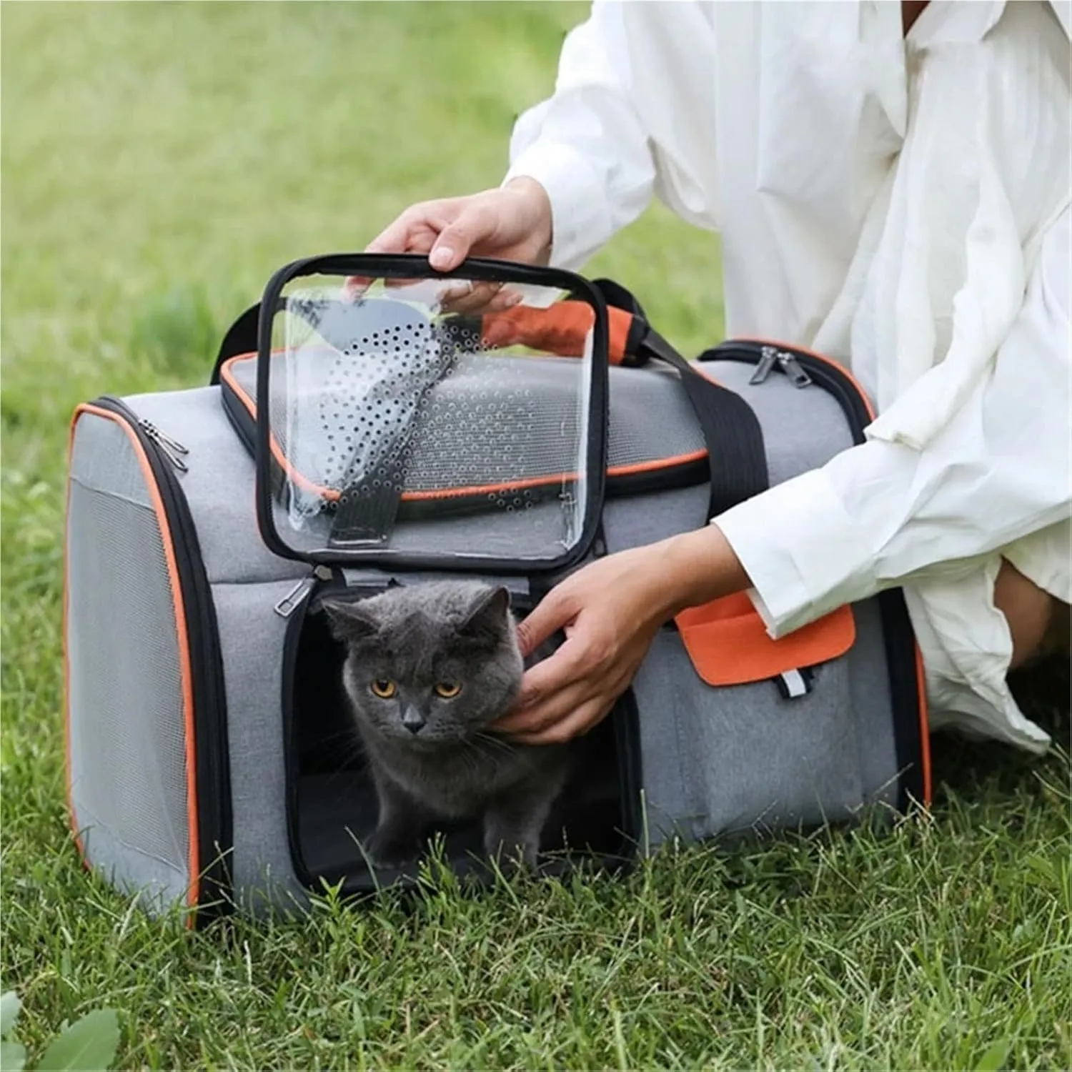 Portable Cat Carrier Bag Foldable Cats Handbag Reflective Pet Shoulder Bag Crossbody Cat Backpack Outdoor Travel Transportation(Grey Blue)