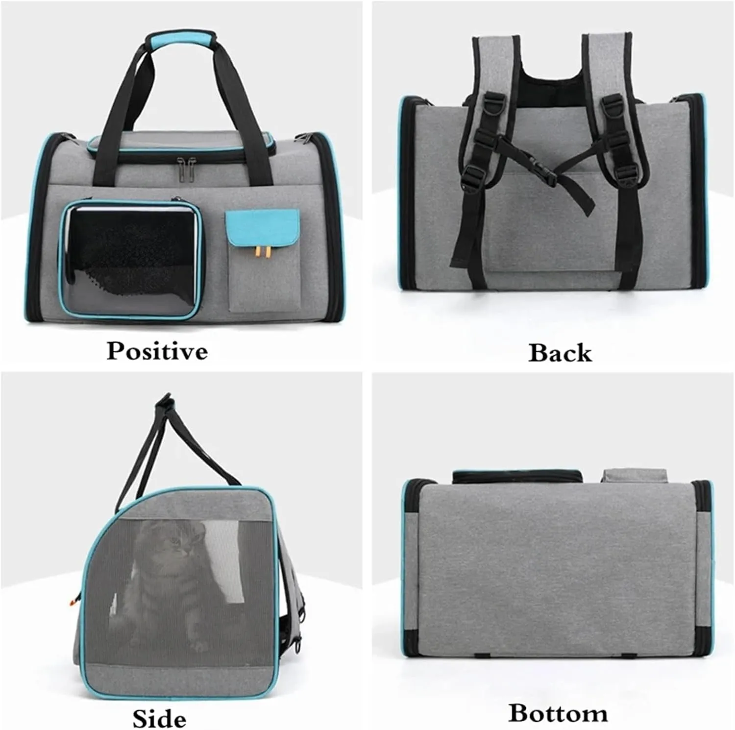 Portable Cat Carrier Bag Foldable Cats Handbag Reflective Pet Shoulder Bag Crossbody Cat Backpack Outdoor Travel Transportation(Grey Blue)