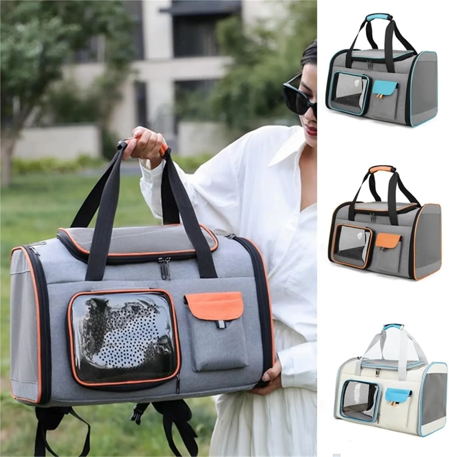 Portable Cat Carrier Bag Foldable Cats Handbag Reflective Pet Shoulder Bag Crossbody Cat Backpack Outdoor Travel Transportation(Grey Blue)