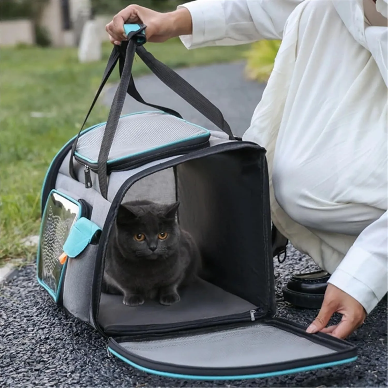 Portable Cat Carrier Bag Foldable Cats Handbag Reflective Pet Shoulder Bag Crossbody Cat Backpack Outdoor Travel Transportation(Grey Blue)