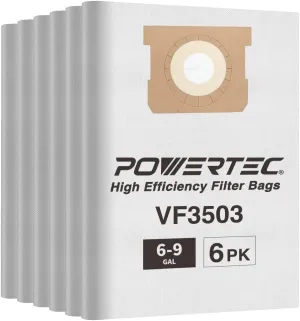 POWERTEC VF3503 Size B Shop Vac Bags for Ridgid 6 Pack, 6-9 Gal. 40153 Vacuum Bags for Ridgid HD9000 & Workshop WS32090F2 Wet Dry Vac (75016-P3)