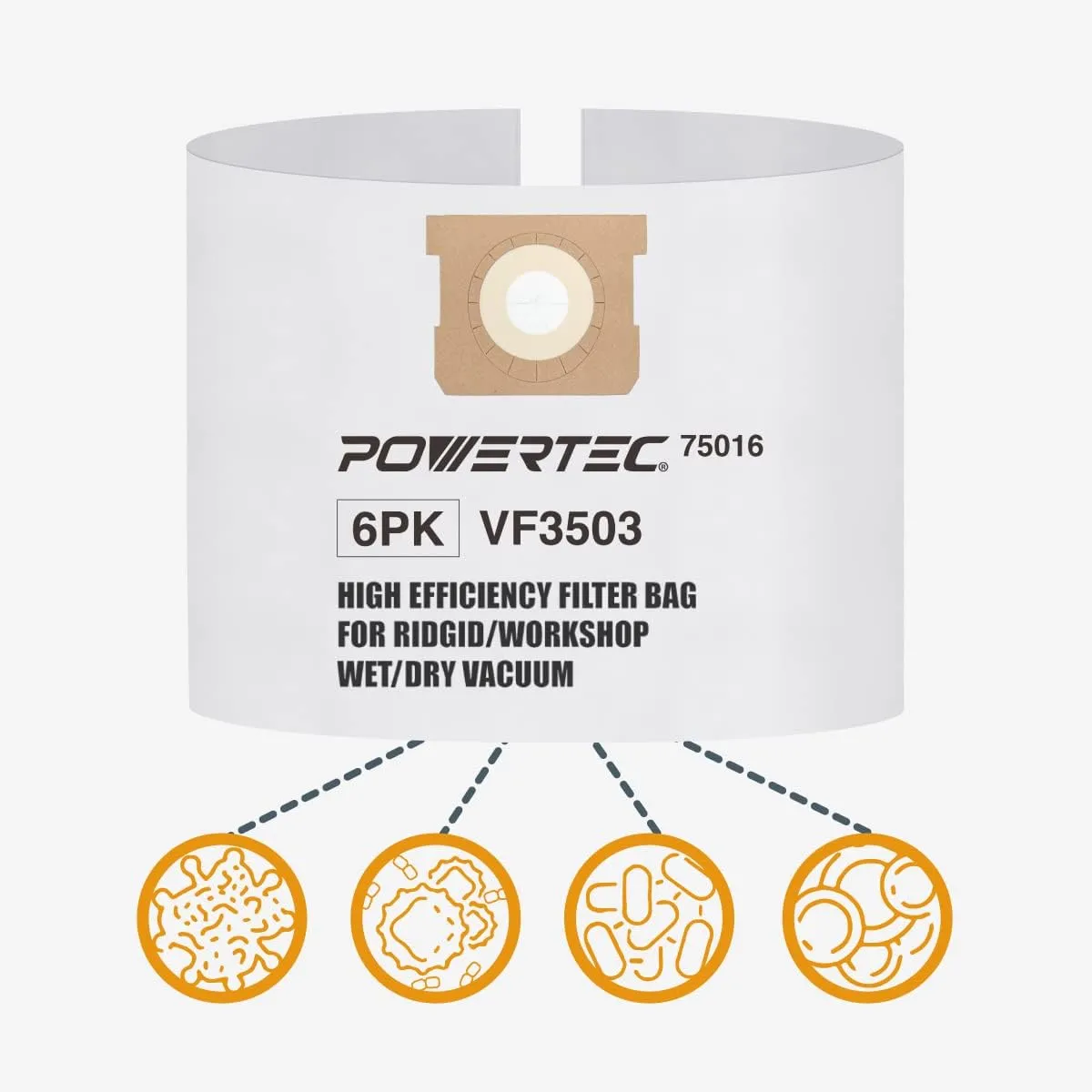 POWERTEC VF3503 Size B Shop Vac Bags for Ridgid 6 Pack, 6-9 Gal. 40153 Vacuum Bags for Ridgid HD9000 & Workshop WS32090F2 Wet Dry Vac (75016-P3)