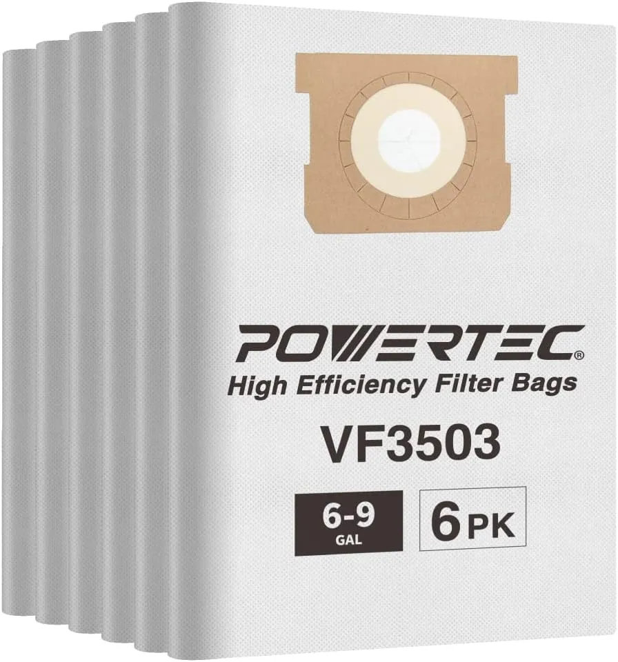 POWERTEC VF3503 Size B Shop Vac Bags for Ridgid 6 Pack, 6-9 Gal. 40153 Vacuum Bags for Ridgid HD9000 & Workshop WS32090F2 Wet Dry Vac (75016-P3)
