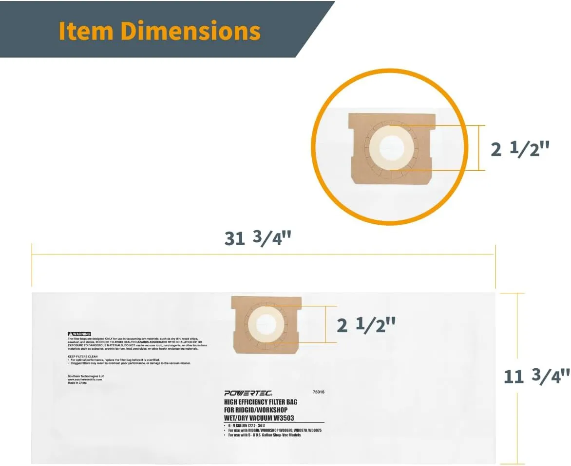 POWERTEC VF3503 Size B Shop Vac Bags for Ridgid 6 Pack, 6-9 Gal. 40153 Vacuum Bags for Ridgid HD9000 & Workshop WS32090F2 Wet Dry Vac (75016-P3)