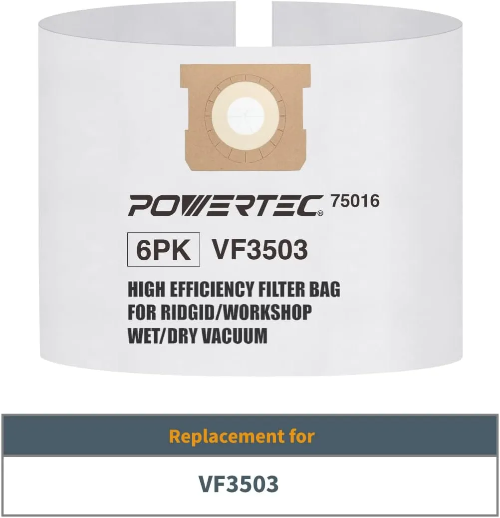 POWERTEC VF3503 Size B Shop Vac Bags for Ridgid 6 Pack, 6-9 Gal. 40153 Vacuum Bags for Ridgid HD9000 & Workshop WS32090F2 Wet Dry Vac (75016-P3)