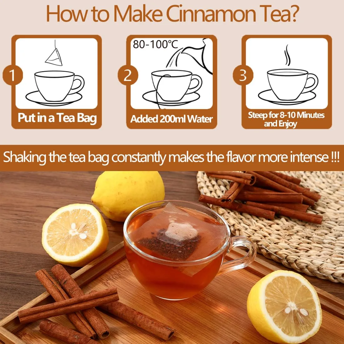 Premium 100 Pure Ceylon Cinnamon Tea Bags, Made with 100% Ceylon Cinnamon Sticks, No Additives & Caffeine Free.