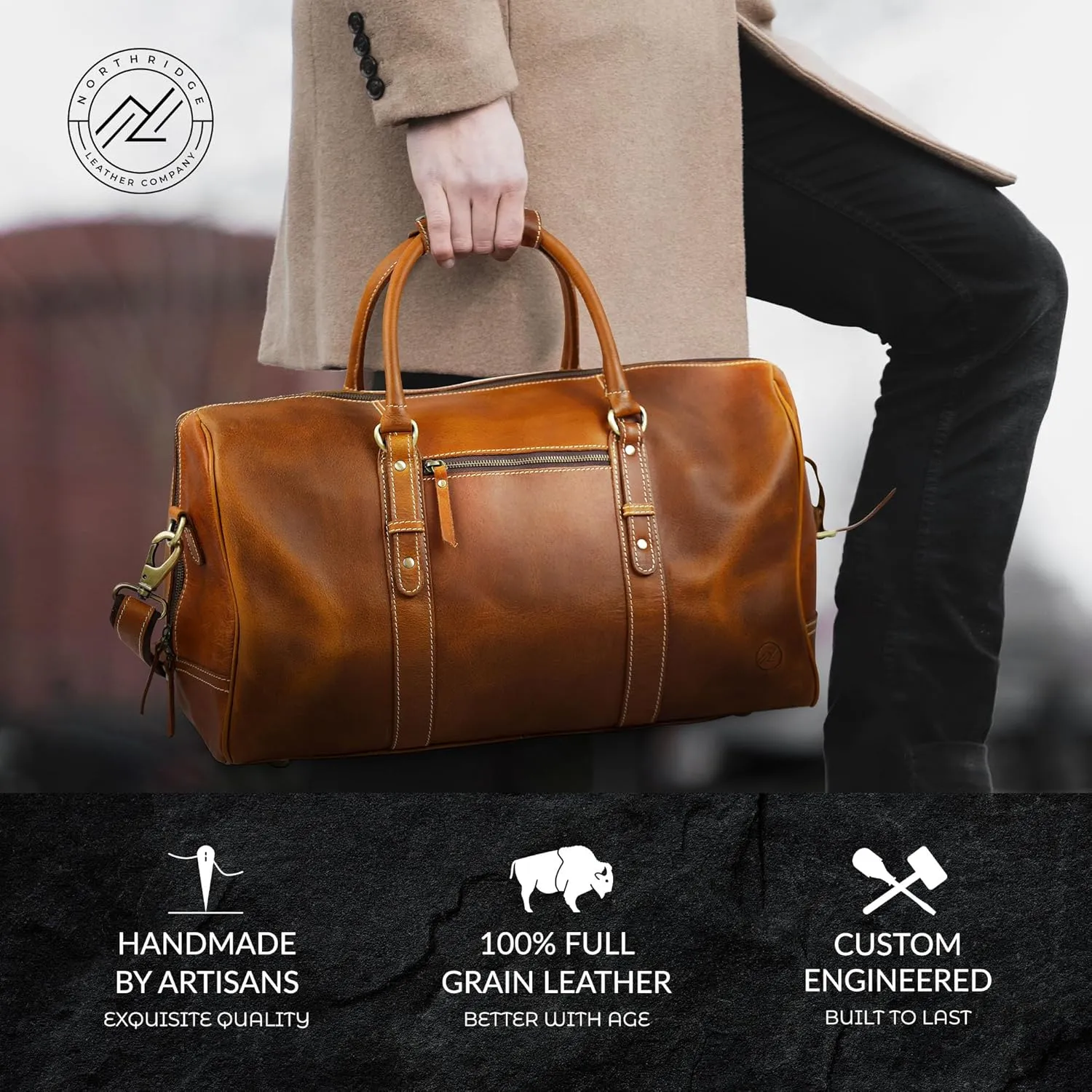 Premium Full-Grain Leather Duffle Bag for Men & Women | 20-Inch Handcrafted TSA Approved Carry-On Weekender Travel Bag with Multiple Pockets & Compartments by Northridge Leather (Tan))