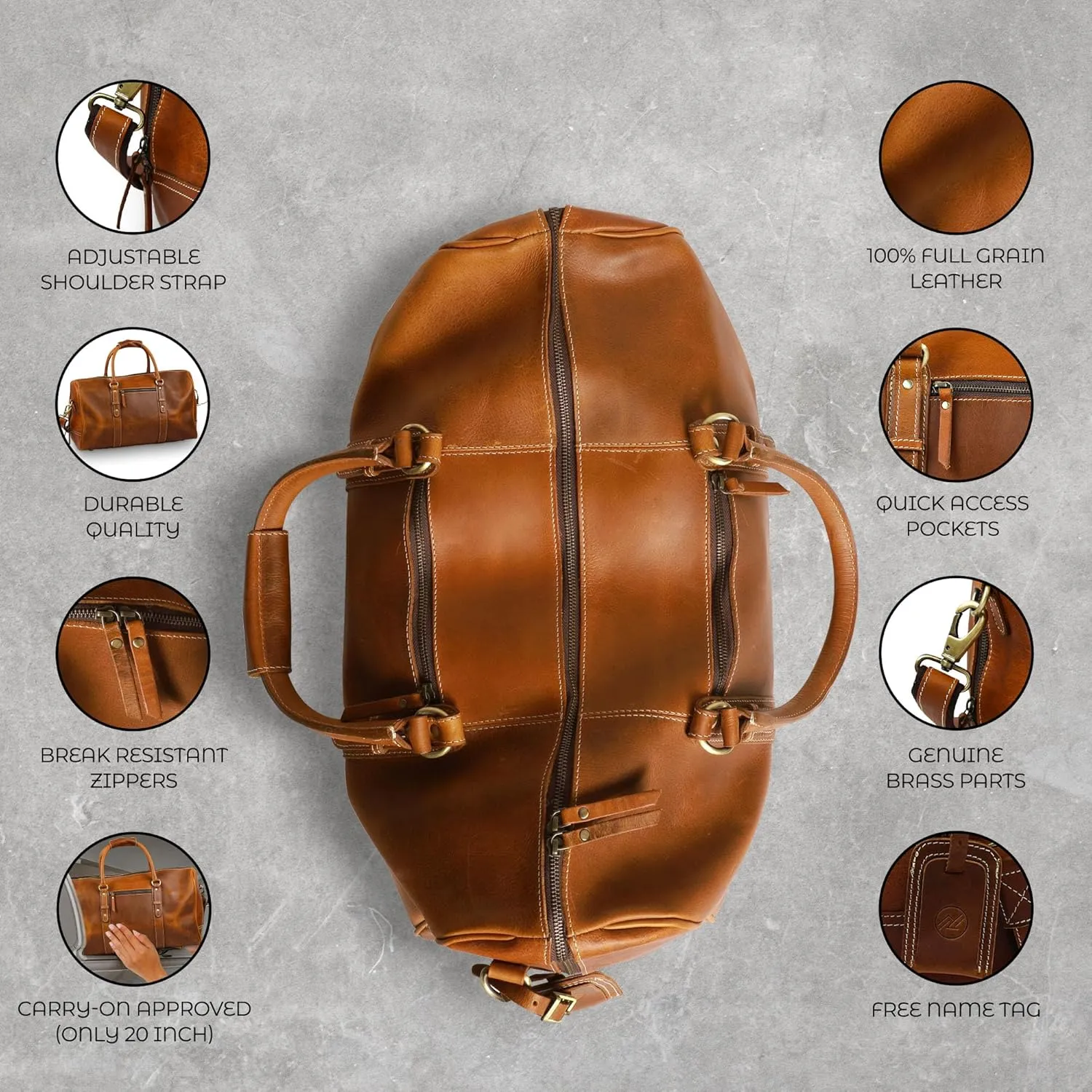 Premium Full-Grain Leather Duffle Bag for Men & Women | 20-Inch Handcrafted TSA Approved Carry-On Weekender Travel Bag with Multiple Pockets & Compartments by Northridge Leather (Tan))