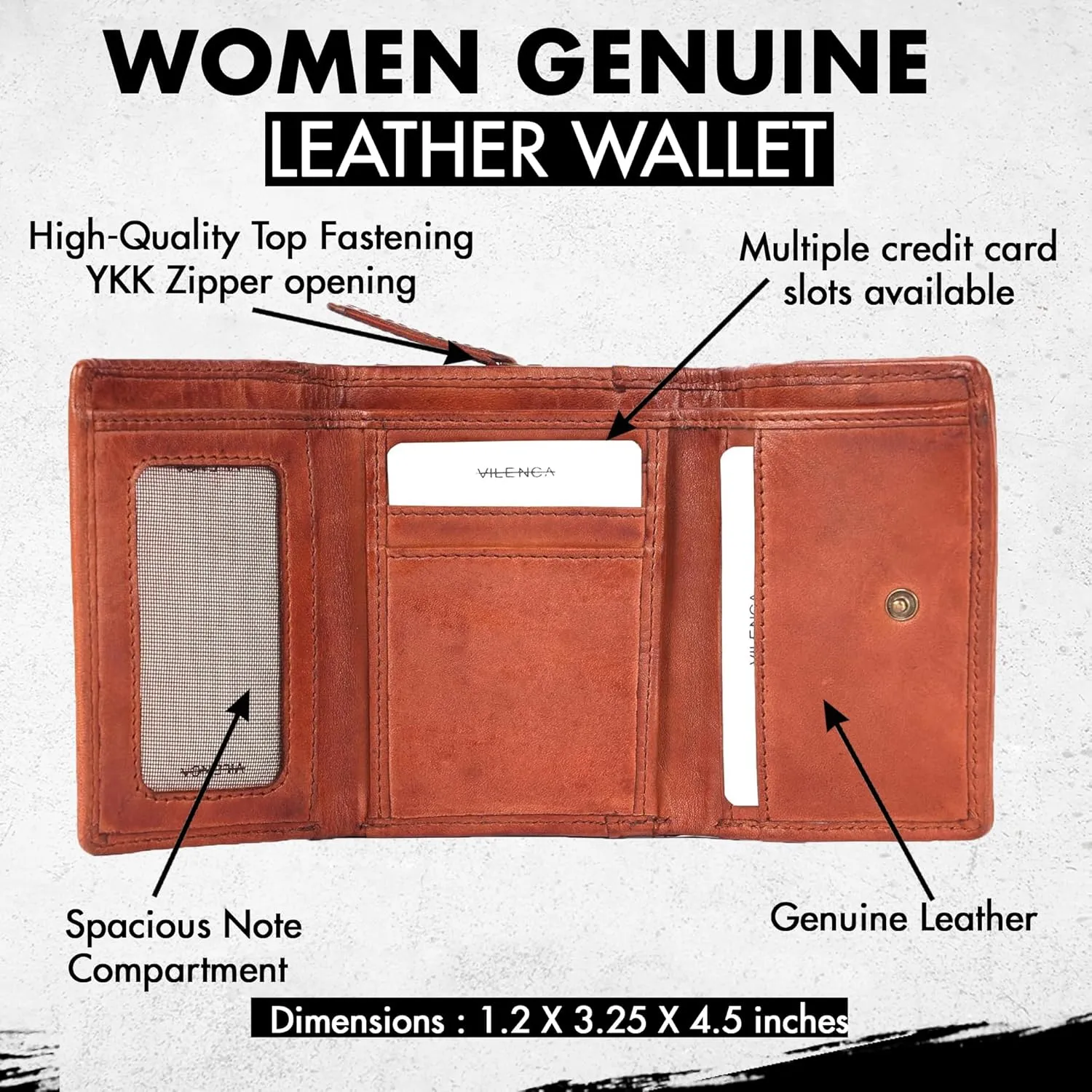 Premium Genuine Leather Women's Wallet: RFID Blocking, Multiple Card Slots, Zipper Pocket - Stylish & Durable - Perfect for Everyday Use (VL-408-Cognac)