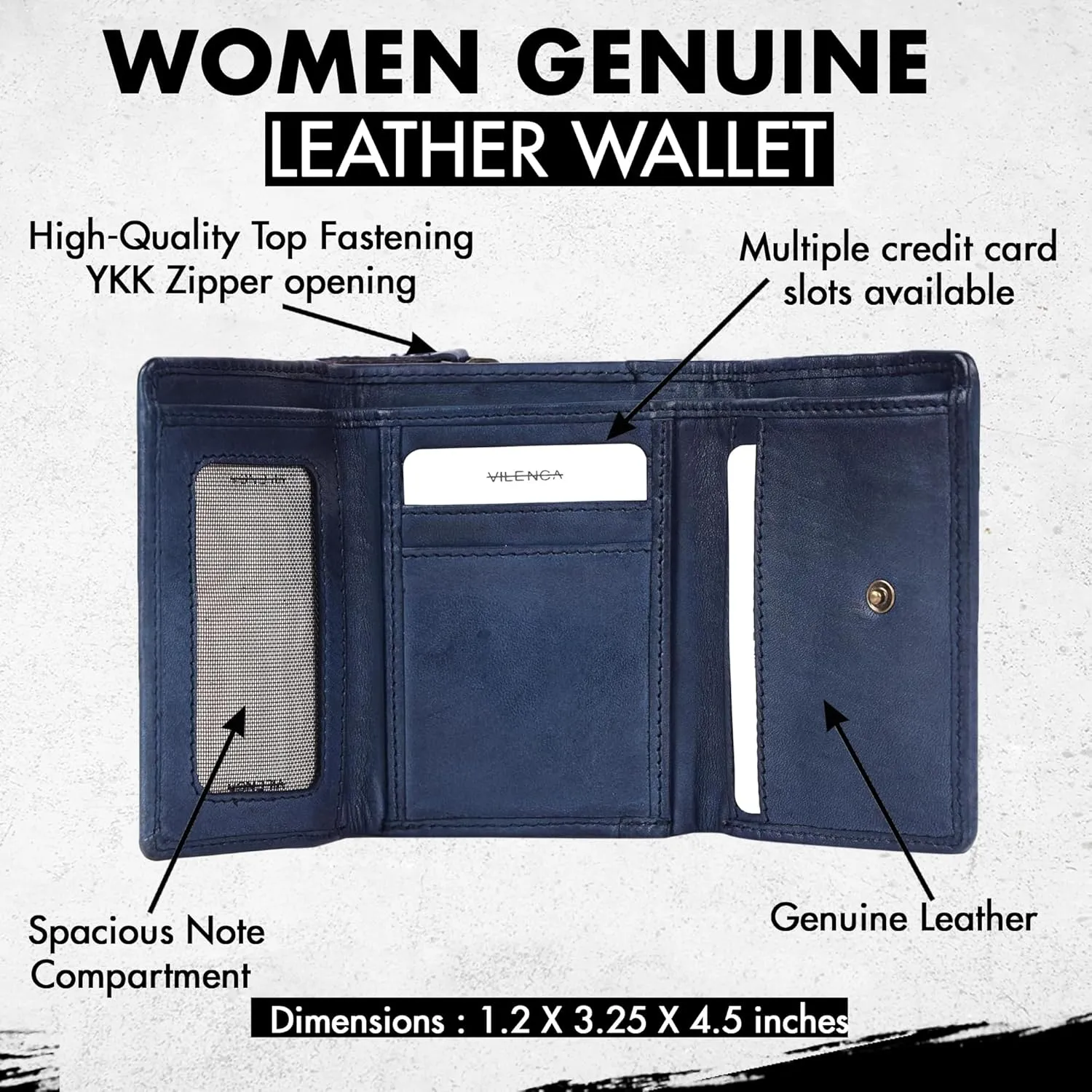 Premium Genuine Leather Women's Wallet: RFID Blocking, Multiple Card Slots, Zipper Pocket - Stylish & Durable - Perfect for Everyday Use (VL-408-Navy)