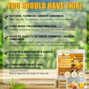 Premium Turmeric Ginger Cinnamon Tea Bags | 100% Natural Hand-made Blend ginger tea | Ginger Turmeric Herbal Tea | No Sugar, No Caffeine, No Gluten, Vegan (60 Bags)