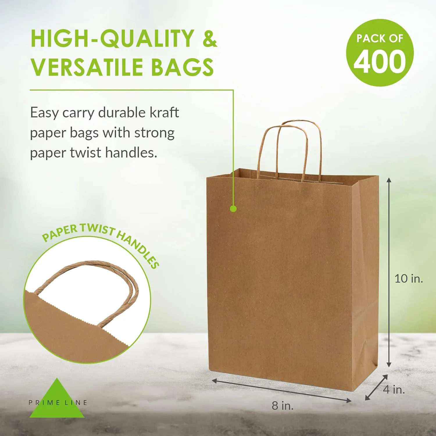 Prime Line Packaging Brown Paper Bags with Handles, Kraft Gift for Small Business, Shopping, Retail Store, Boutique, Christmas, Bulk, 8x4x10, 400 Pack