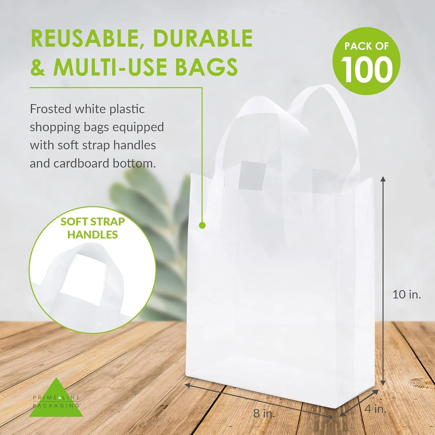 Prime Line Packaging Clear Plastic Bags with Handles for Small Business, Welcome Goody, Frosted Gift Tote for Boutiques, Events, Bulk, 8x4x10 100 Pack