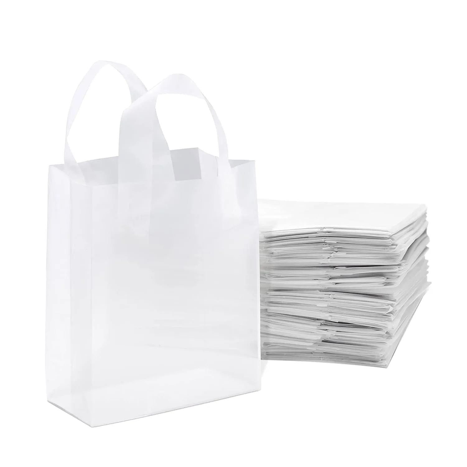 Prime Line Packaging Clear Plastic Bags with Handles for Small Business, Welcome Goody, Frosted Gift Tote for Boutiques, Events, Bulk, 8x4x10 100 Pack