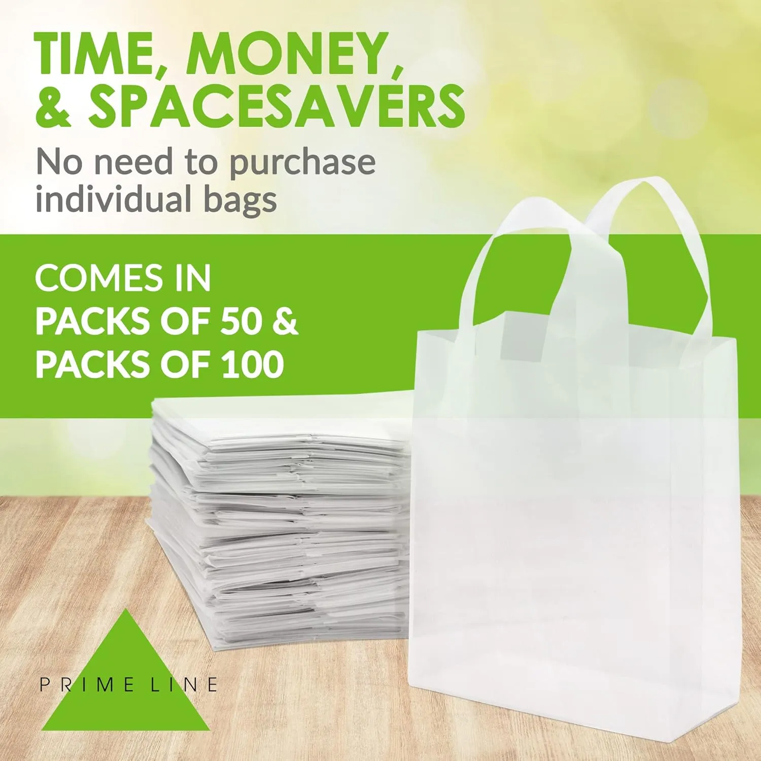 Prime Line Packaging Clear Plastic Bags with Handles for Small Business, Welcome Goody, Frosted Gift Tote for Boutiques, Events, Bulk, 8x4x10 100 Pack