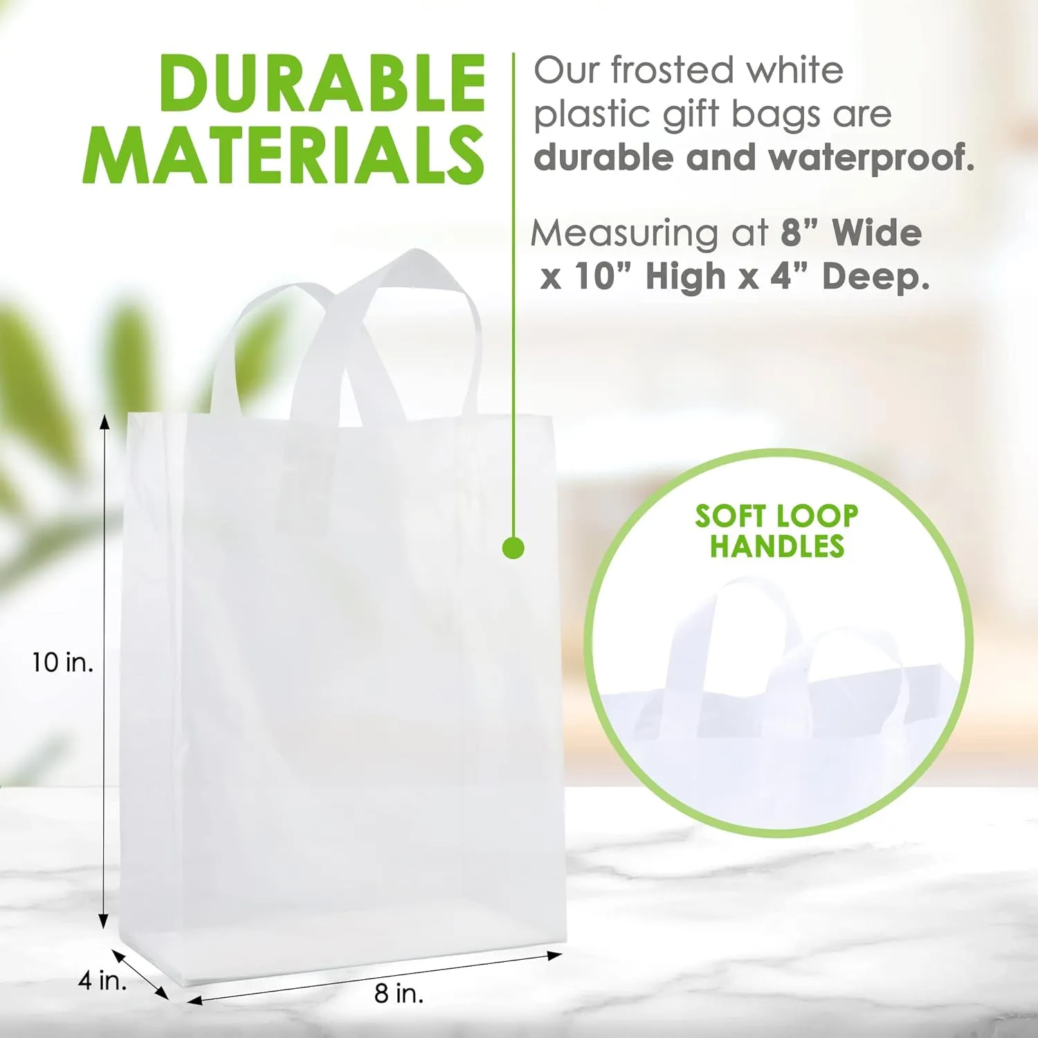 Prime Line Packaging Clear Plastic Bags with Handles for Small Business, Welcome Goody, Frosted Gift Tote for Boutiques, Events, Bulk, 8x4x10 100 Pack