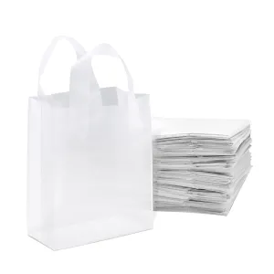 Prime Line Packaging Clear Plastic Bags with Handles for Small Business, Welcome Goody, Frosted Gift Tote for Boutiques, Events, Bulk, 8x4x10 100 Pack