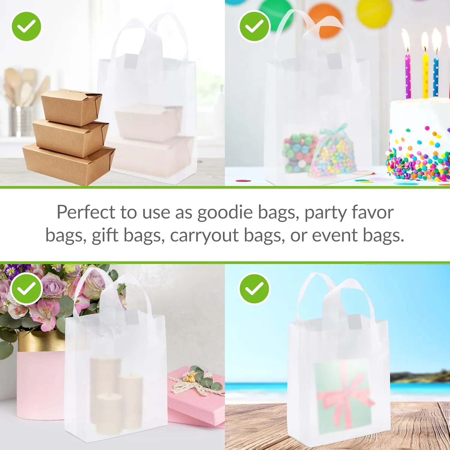 Prime Line Packaging Clear Plastic Bags with Handles for Small Business, Welcome Goody, Frosted Gift Tote for Boutiques, Events, Bulk, 8x4x10 100 Pack