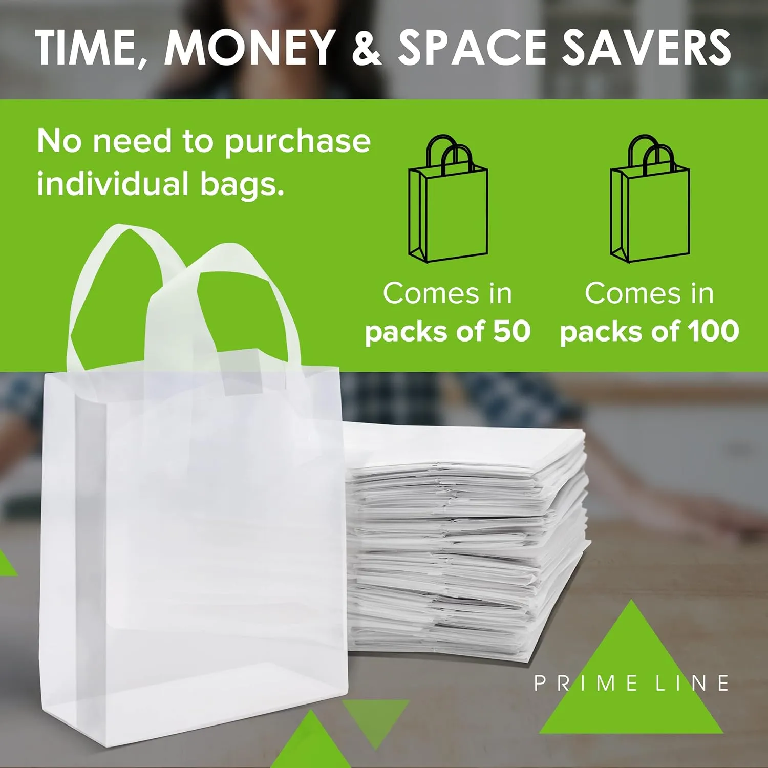 Prime Line Packaging Clear Plastic Bags with Handles for Small Business, Welcome Goody, Frosted Gift Tote for Boutiques, Events, Bulk, 8x4x10 400 Pack