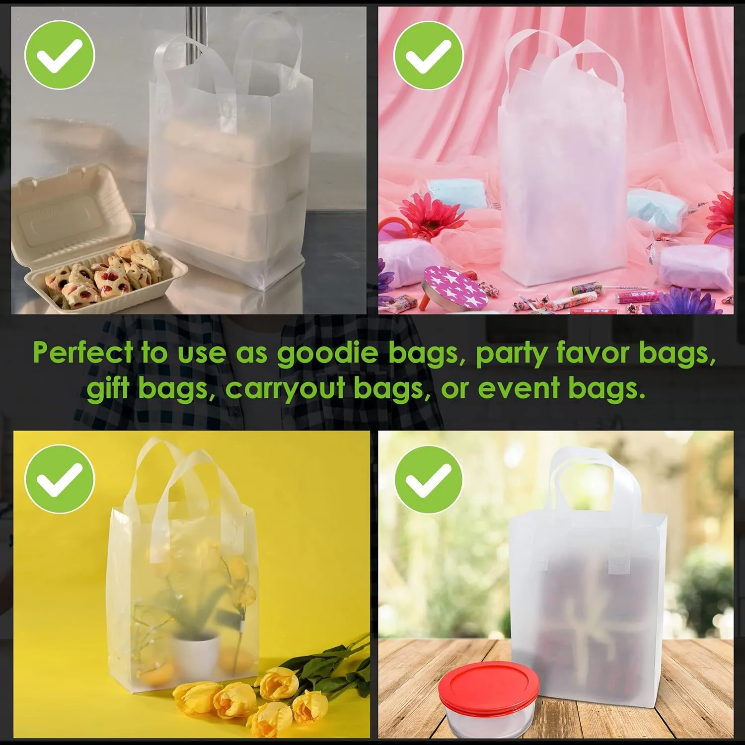Prime Line Packaging Clear Plastic Bags with Handles for Small Business, Welcome Goody, Frosted Gift Tote for Boutiques, Events, Bulk, 8x4x10 400 Pack