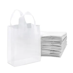 Prime Line Packaging Clear Plastic Bags with Handles for Small Business, Welcome Goody, Frosted Gift Tote for Boutiques, Events, Bulk, 8x4x10 400 Pack