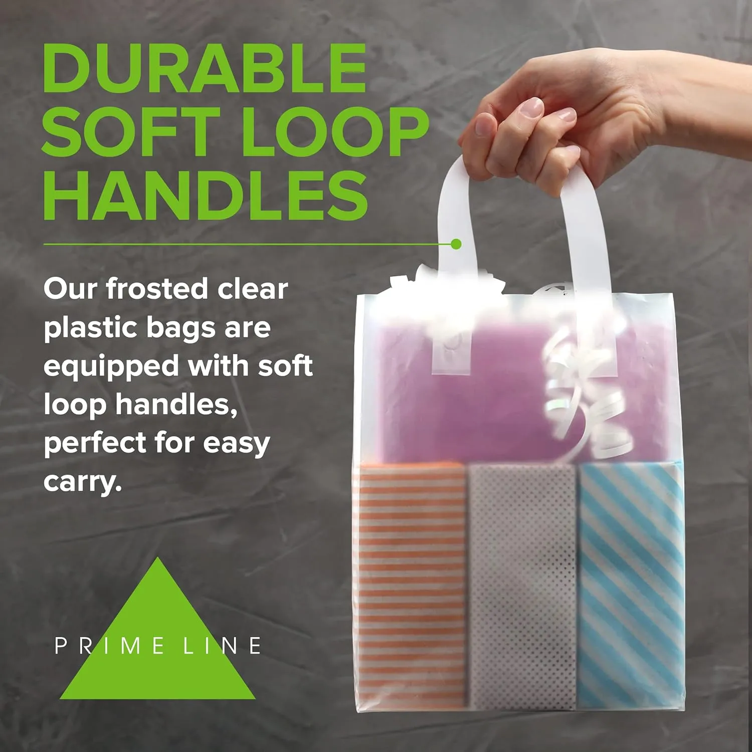 Prime Line Packaging Clear Plastic Bags with Handles for Small Business, Welcome Goody, Frosted Gift Tote for Boutiques, Events, Bulk, 8x4x10 400 Pack