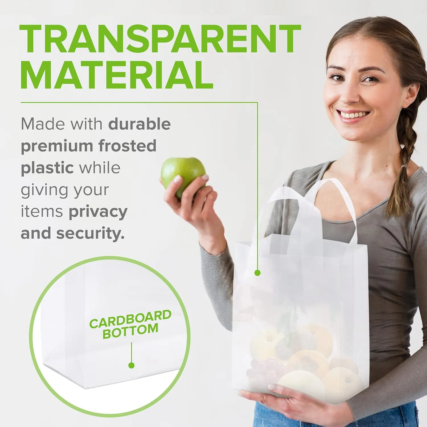 Prime Line Packaging Clear Plastic Bags with Handles for Small Business, Welcome Goody, Frosted Gift Tote for Boutiques, Events, Bulk, 8x4x10 400 Pack