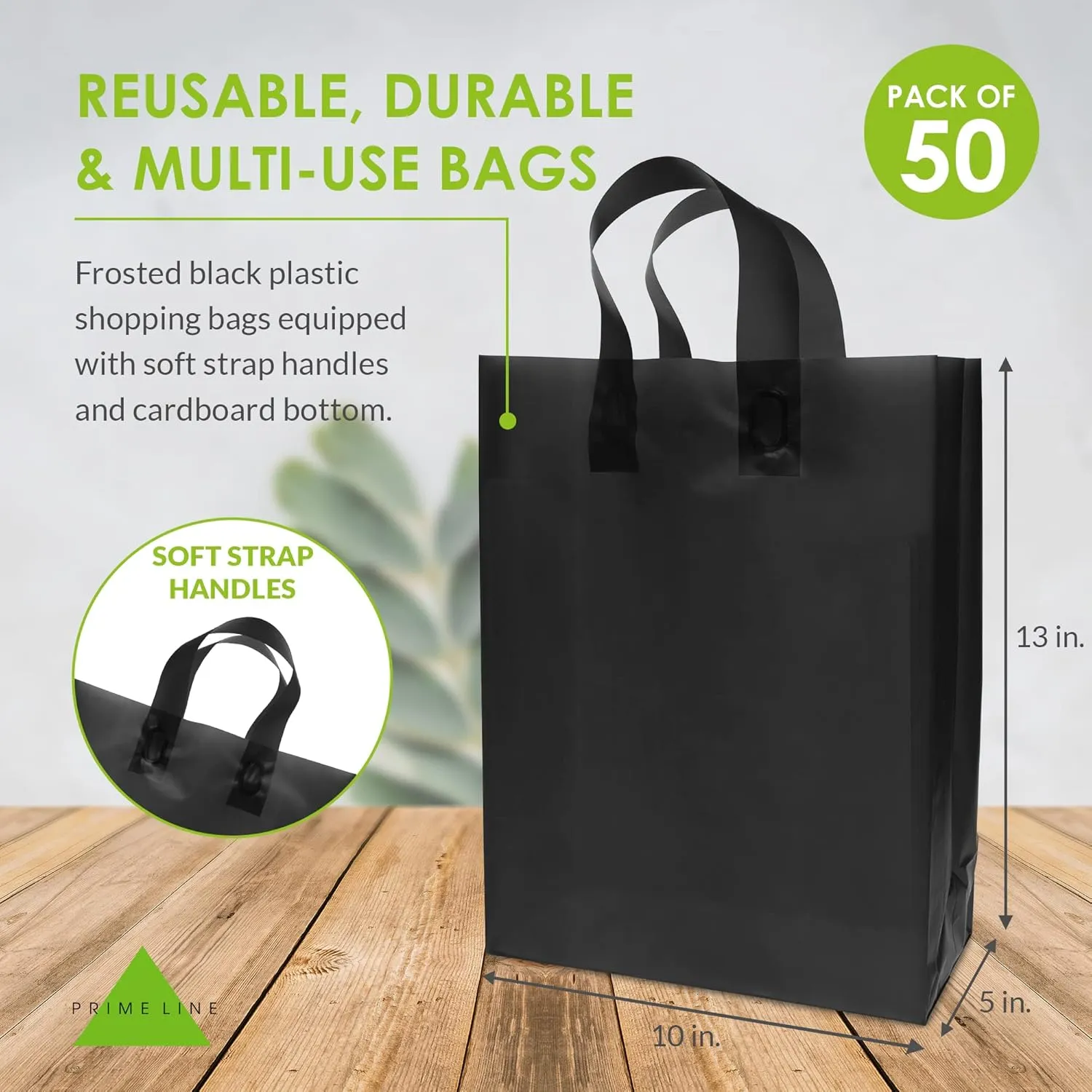 Prime Line Packaging Plastic Gift Bags with Handles, Medium Shopping Tote for Small Business, Boutiques, Reusable, Black Frosted, 10x5x13 50 Pack