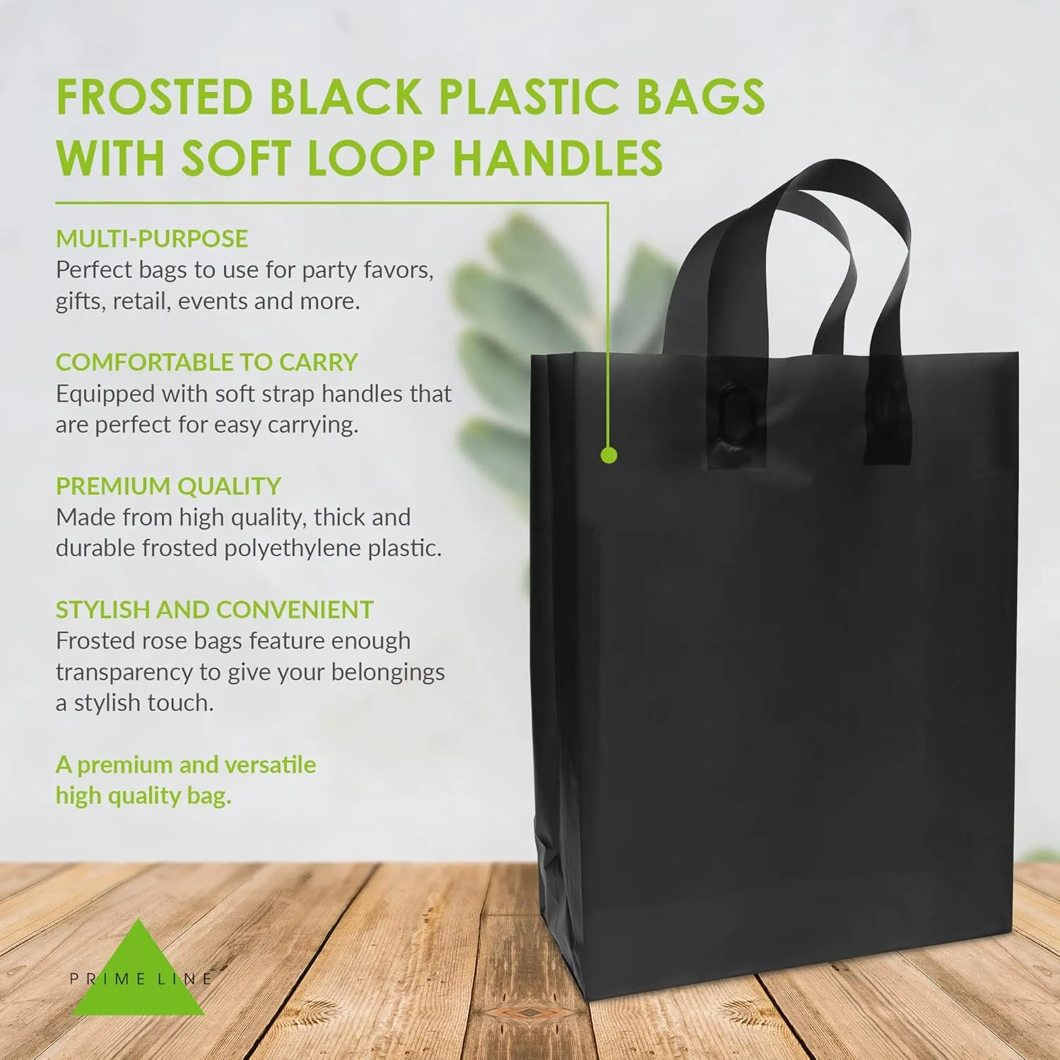 Prime Line Packaging Plastic Gift Bags with Handles, Medium Shopping Tote for Small Business, Boutiques, Reusable, Black Frosted, 10x5x13 50 Pack
