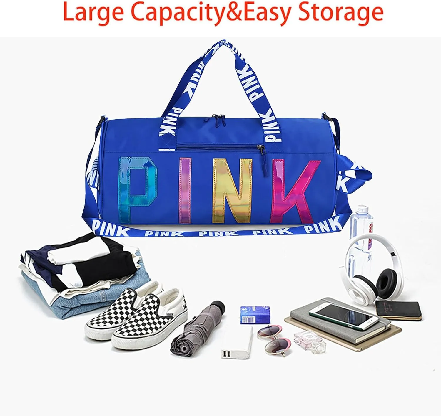 Printed Travel Tote Bag Dry Wet Separation Sports Duffels Bag with Shoes Compartment Weekender Bag for Women and Men (Blue Laser)