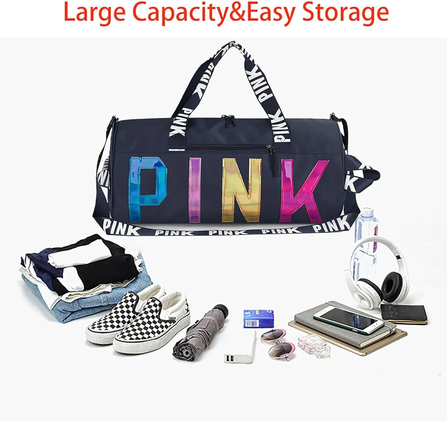 Printed Travel Tote Bag Dry Wet Separation Sports Duffels Bag with Shoes Compartment Weekender Bag for Women and Men (Dark Blue Laser)
