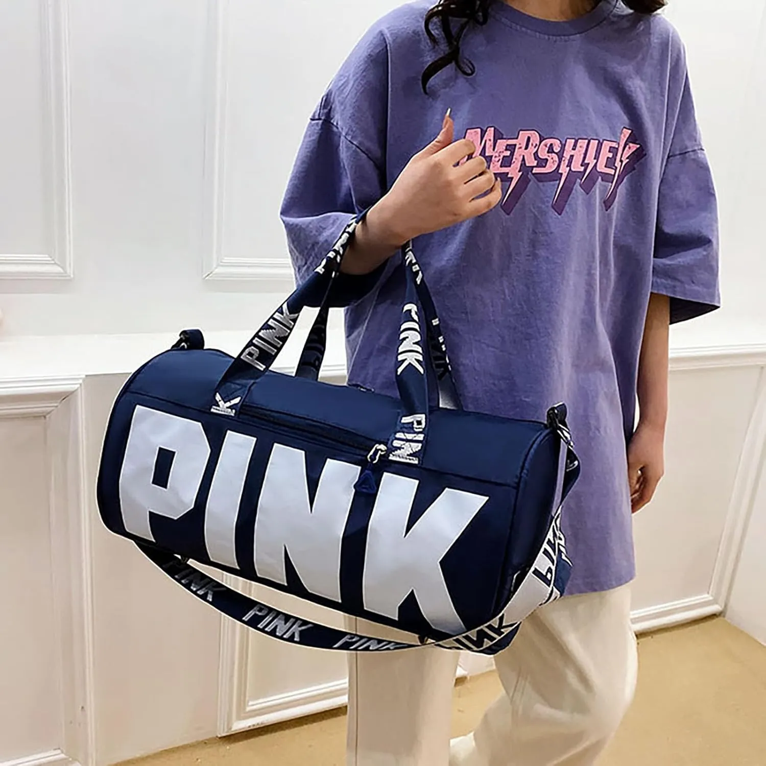 Printed Travel Tote Bag Dry Wet Separation Sports Duffels Bag with Shoes Compartment Weekender Bag for Women and Men (Dark Blue)