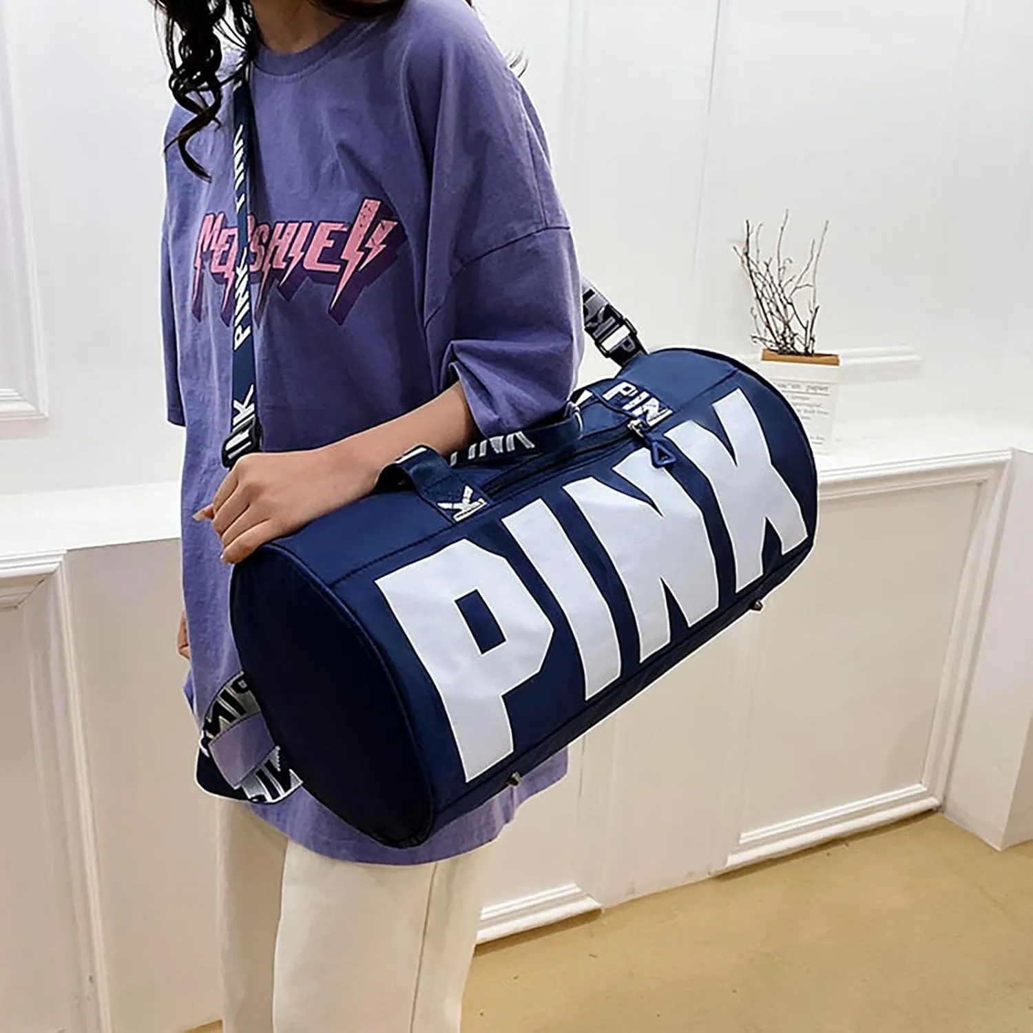 Printed Travel Tote Bag Dry Wet Separation Sports Duffels Bag with Shoes Compartment Weekender Bag for Women and Men (Dark Blue)