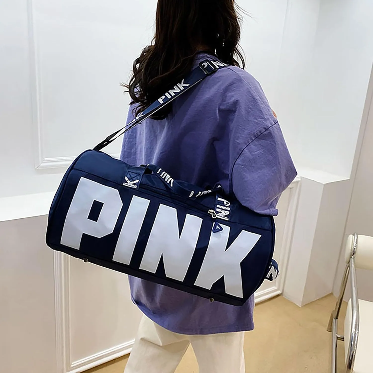 Printed Travel Tote Bag Dry Wet Separation Sports Duffels Bag with Shoes Compartment Weekender Bag for Women and Men (Dark Blue)