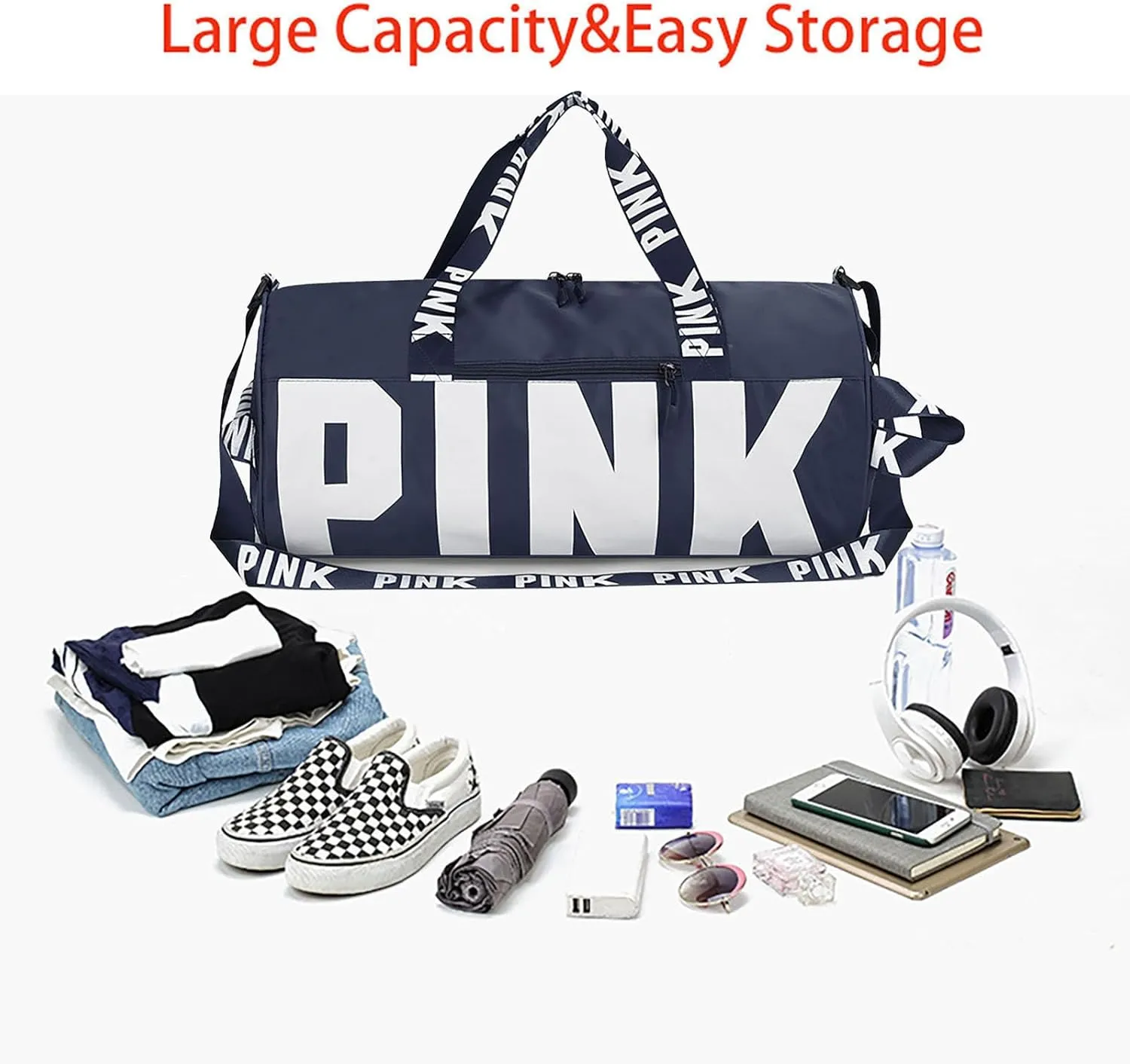 Printed Travel Tote Bag Dry Wet Separation Sports Duffels Bag with Shoes Compartment Weekender Bag for Women and Men (Dark Blue)