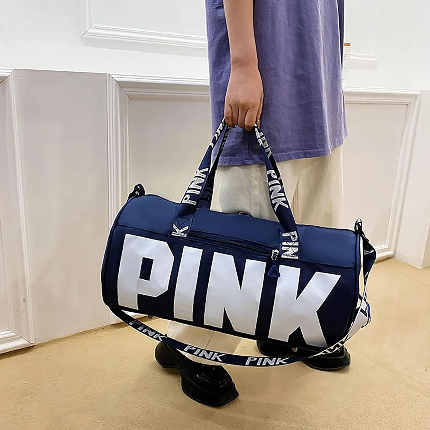 Printed Travel Tote Bag Dry Wet Separation Sports Duffels Bag with Shoes Compartment Weekender Bag for Women and Men (Dark Blue)