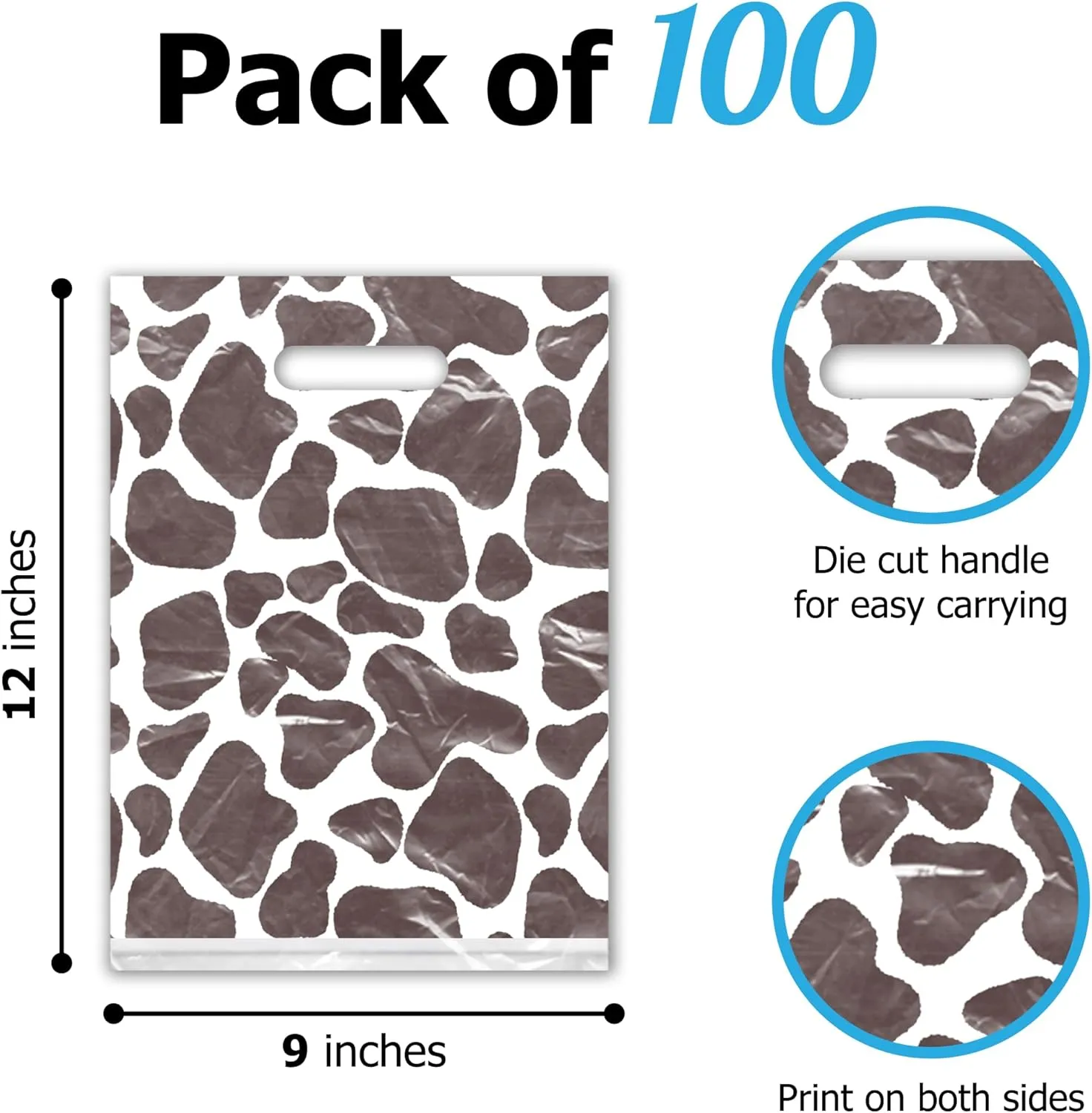 Pro Supply Global 9x12 100 Count Black and White Cow Print Designer Retail Boutique Merchandise Bags with Die Cut Handles Premium Printed Shopping Bags For Small Business Shop Owners