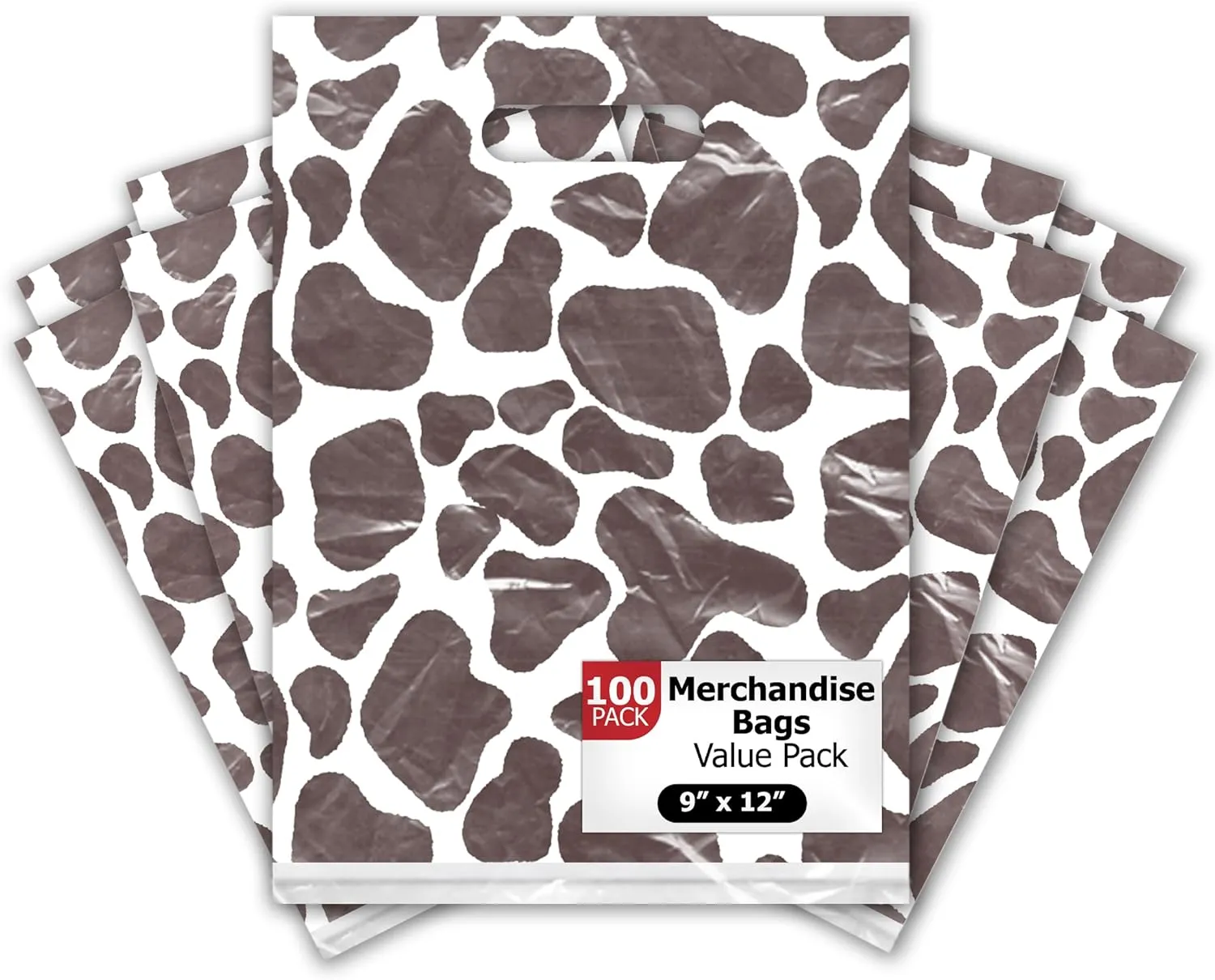 Pro Supply Global 9x12 100 Count Black and White Cow Print Designer Retail Boutique Merchandise Bags with Die Cut Handles Premium Printed Shopping Bags For Small Business Shop Owners